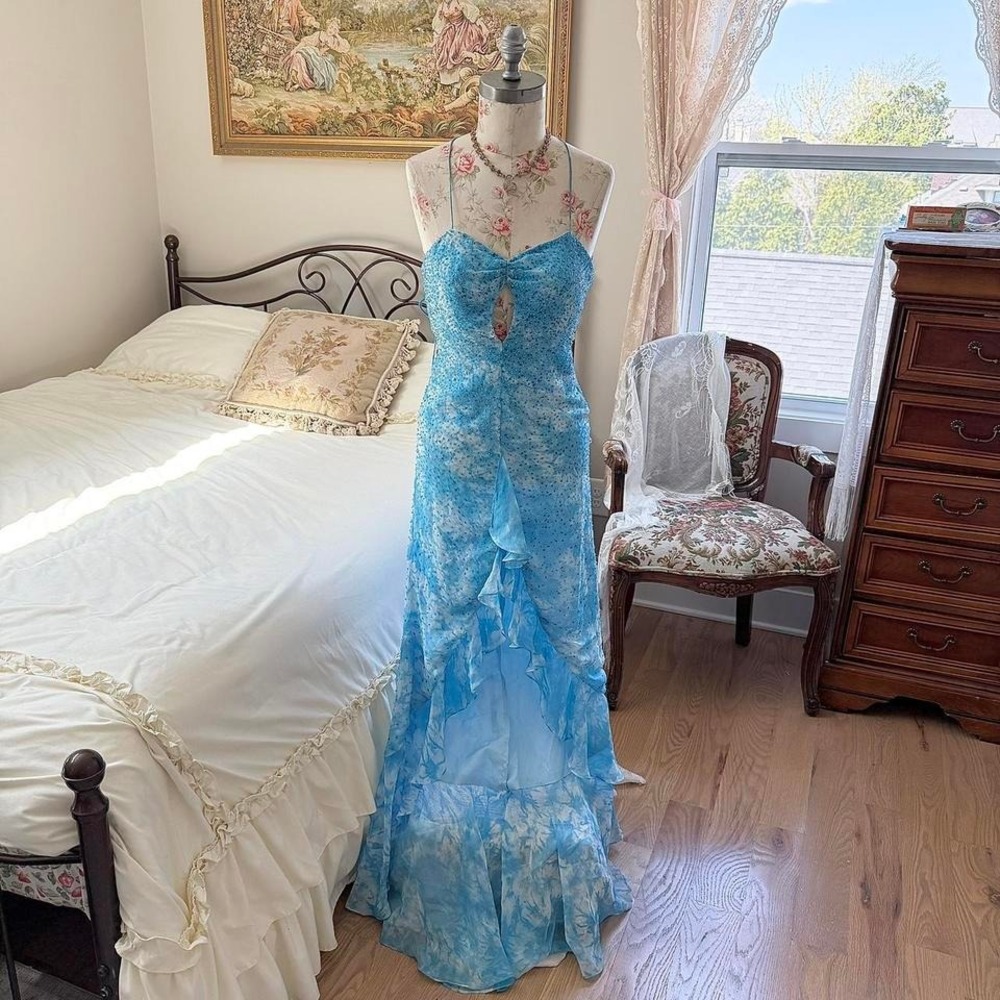 blue fairy prom dress Y2K night moves blue ruffle prom dress size 0